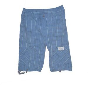 LIFE IS GOOD Blue Plaid JOURNEY CARGO CAPRI SHORTS Sz 14 euc cotton